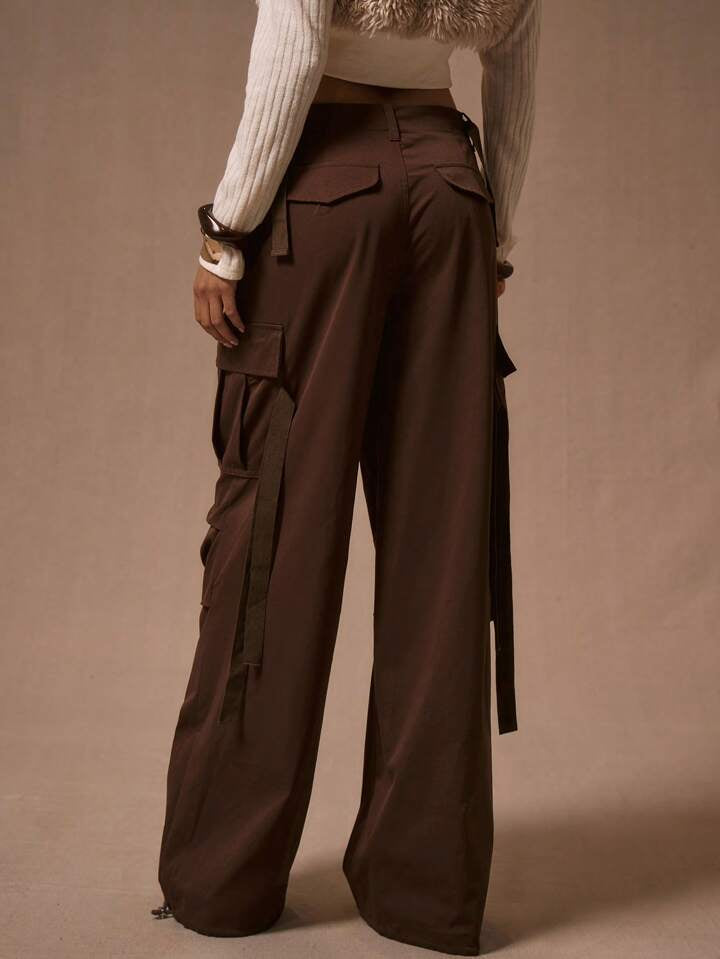 CM-BS387973 Women Casual Seoul Style Low Waist Wide Leg Cargo Trousers - Chocolate Brown