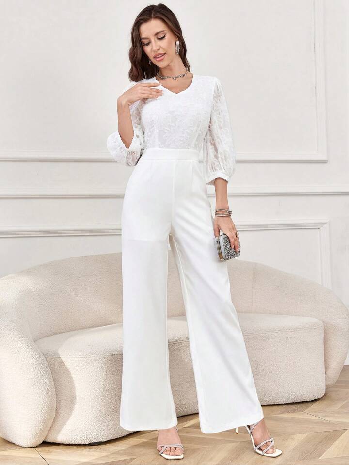 CM-JS368605 Women Elegant Seoul Style Solid Color V-Neck 3/4 Sleeve Wide Leg Jumpsuit - White