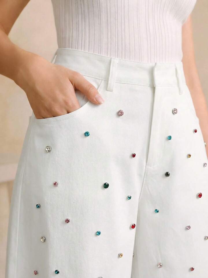 CM-BS763830 Women Elegant Seoul Style Mid Waist Colorful Rhinestone Decor Flared Pants - White