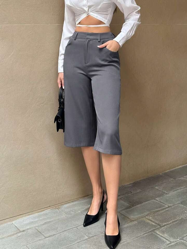 CM-BS839313 Women Casual Seoul Style High Waist Cropped Straight Leg Pants - Gray