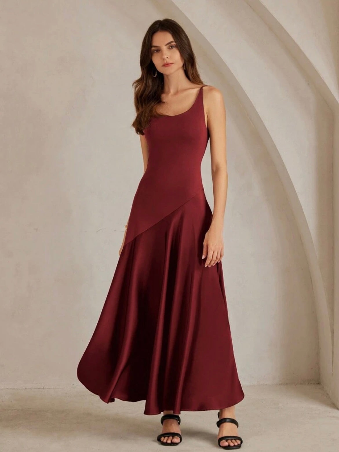 CM-DS076176 Women Elegant Seoul Style Solid Color Minimalist Spaghetti Strap Maxi A-Line Dress - Red