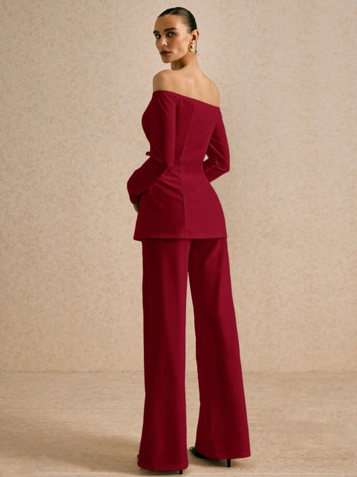 CM-SS302674 Women Elegant Seoul Style Solid Color Off Shoulder Long Sleeve Single Breasted Blazer With Pants - Set