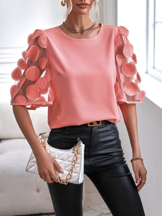 CM-TS384444 Women Casual Seoul Style Round Neck Contrast Mesh Sleeve Blouse - Coral Pink