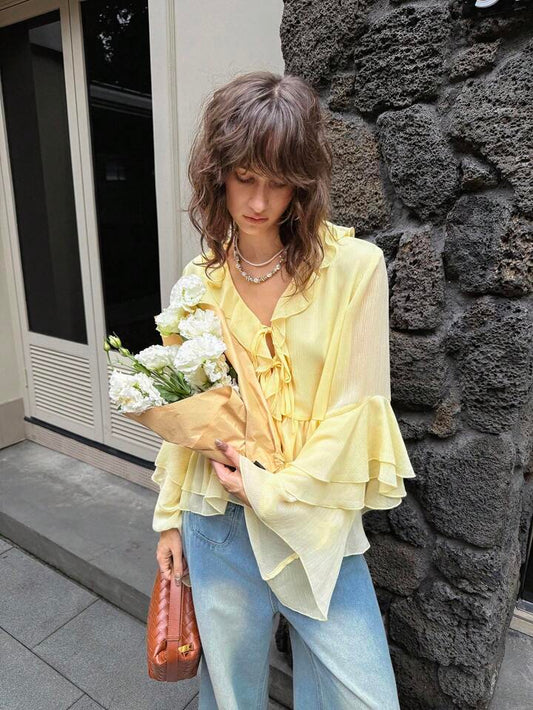 CM-TS635642 Women Elegant Seoul Style Ruffle Stitching Details V-Neck Long Sleeve Low Waist Shirt