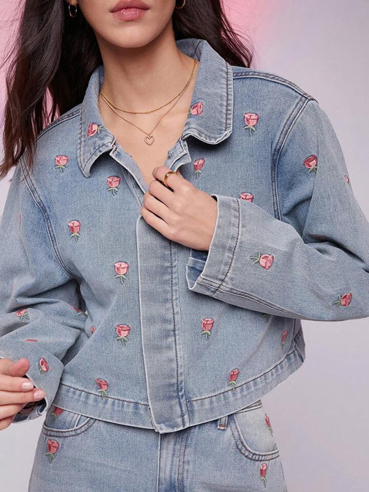 CM-CS634861 Women Trendy Bohemian Style Floral Embroidered Drop Shoulder Cropped Denim Jacket - Blue