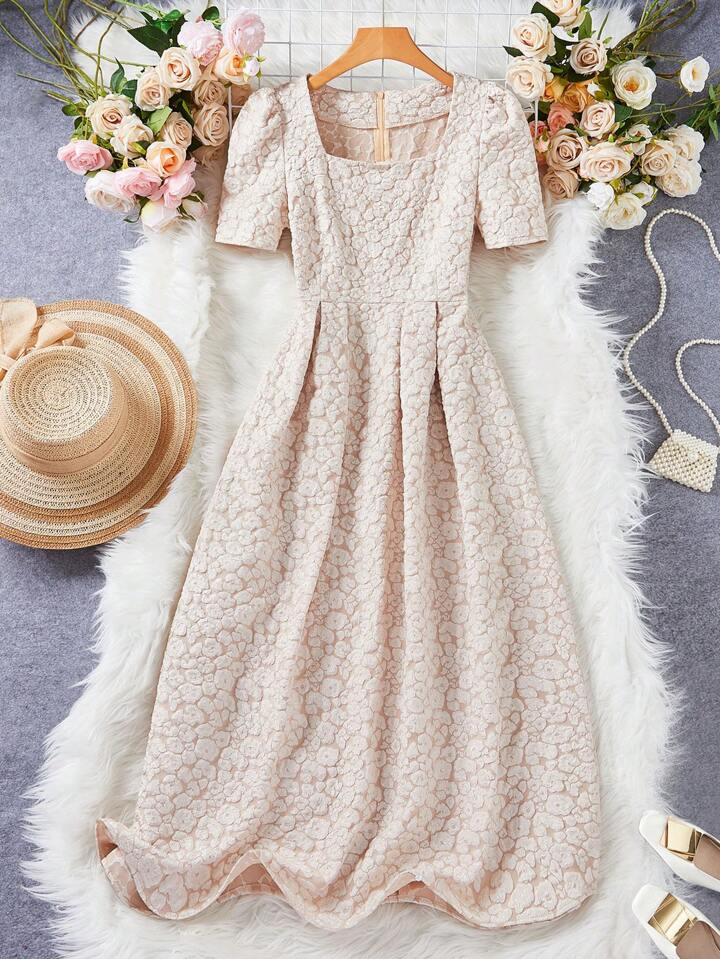CM-DS082189 Women Elegant Seoul Style Square Neck Puff-Sleeve Floral A-Line Dress - Apricot