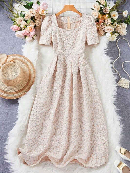 CM-DS082189 Women Elegant Seoul Style Square Neck Puff-Sleeve Floral A-Line Dress - Apricot