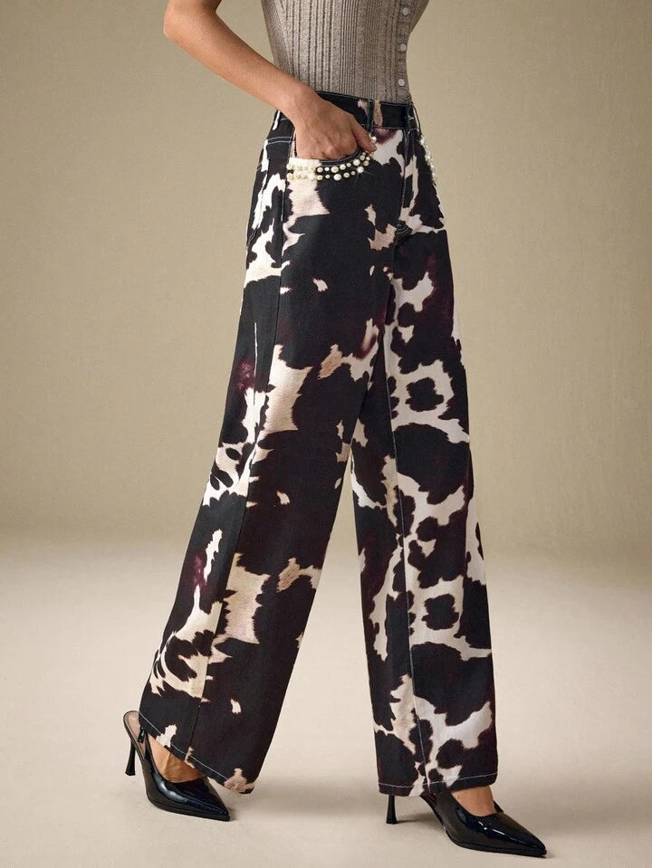 CM-BS448745 Women Casual Seoul Style All-Over Print Elastic Mid Waist Extra Long Straight-Leg Denim Jeans