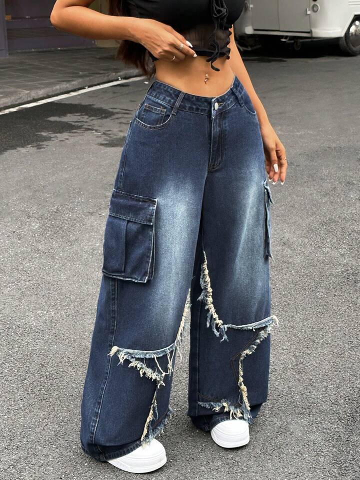 CM-BS669664 Women Casual Seoul Style Dark Wash Star Patch Loose Fit Wide Leg Jeans