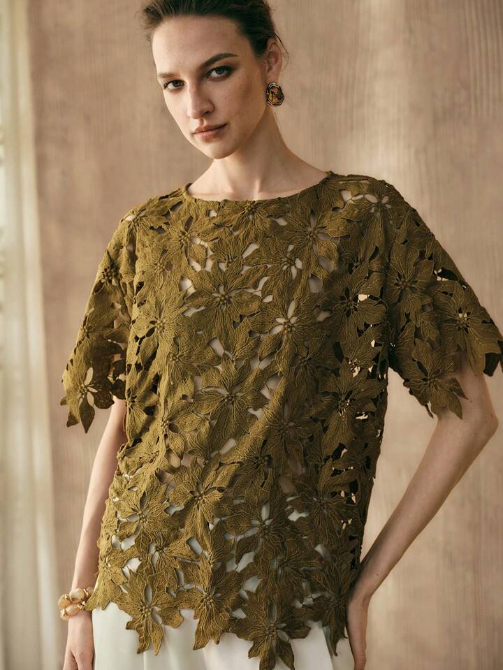 CM-TS431295 Women Trendy Bohemian Style Embroidered Round Neck Short Sleeve Top - Green