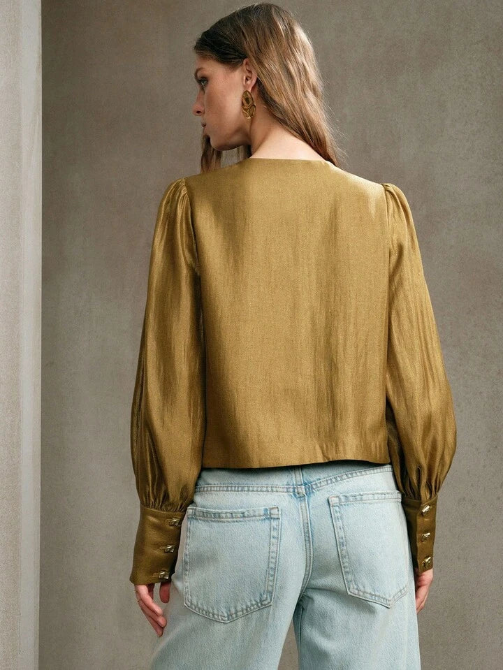 CM-TS487747 Women Elegant Seoul Style Round Neck Extra Long Puff Sleeve Button Front Shirt - Mustard Yellow