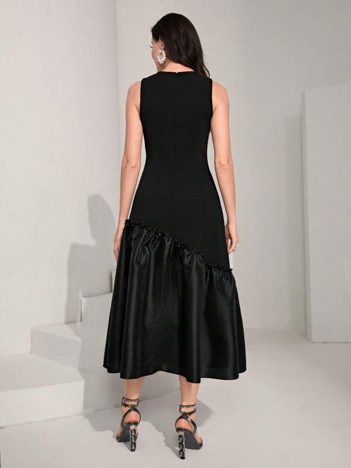 CM-DS309482 Women Elegant Seoul Style Sleeveless Pearls Beaded Ruffle Hem Dress - Black