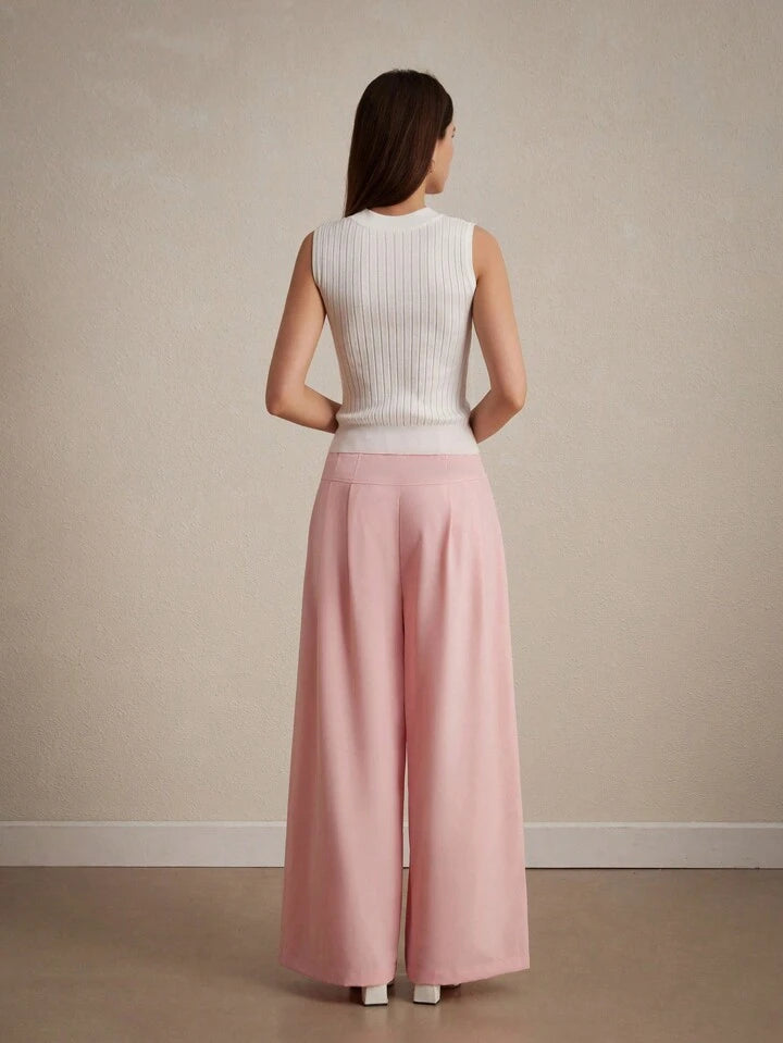 CM-BS092611 Women Casual Seoul Style Loose-Fitting High-Waisted Wide Leg Pants - Baby Pink