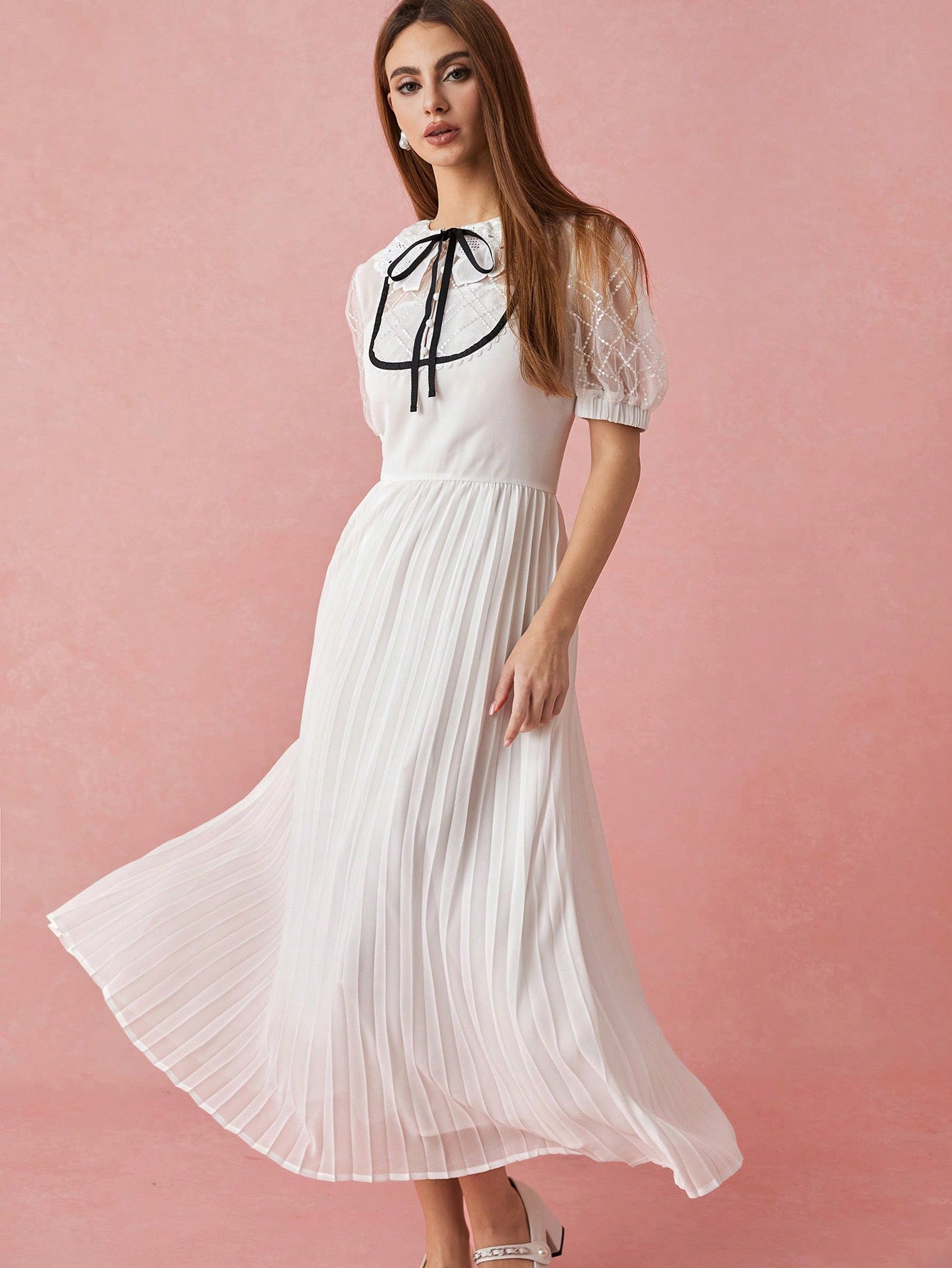 CM-DS192679 Women Elegant Seoul Style Tie Neck Bowknot Floral Lace Puff Sleeves Pleated Hem Long Dress - White