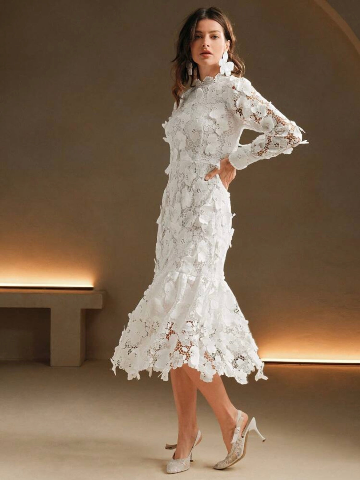 CM-DS243323 Women Elegant Seoul Style High Neck Long Sleeve Lace A-Line Formal Dress - White