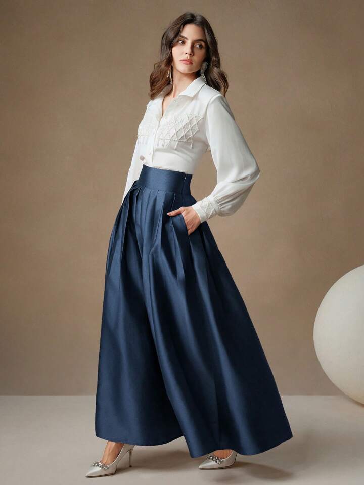 CM-BS166867 Women Elegant Seoul Style High Waisted Puff Pleated Long Skirt - Navy Blue