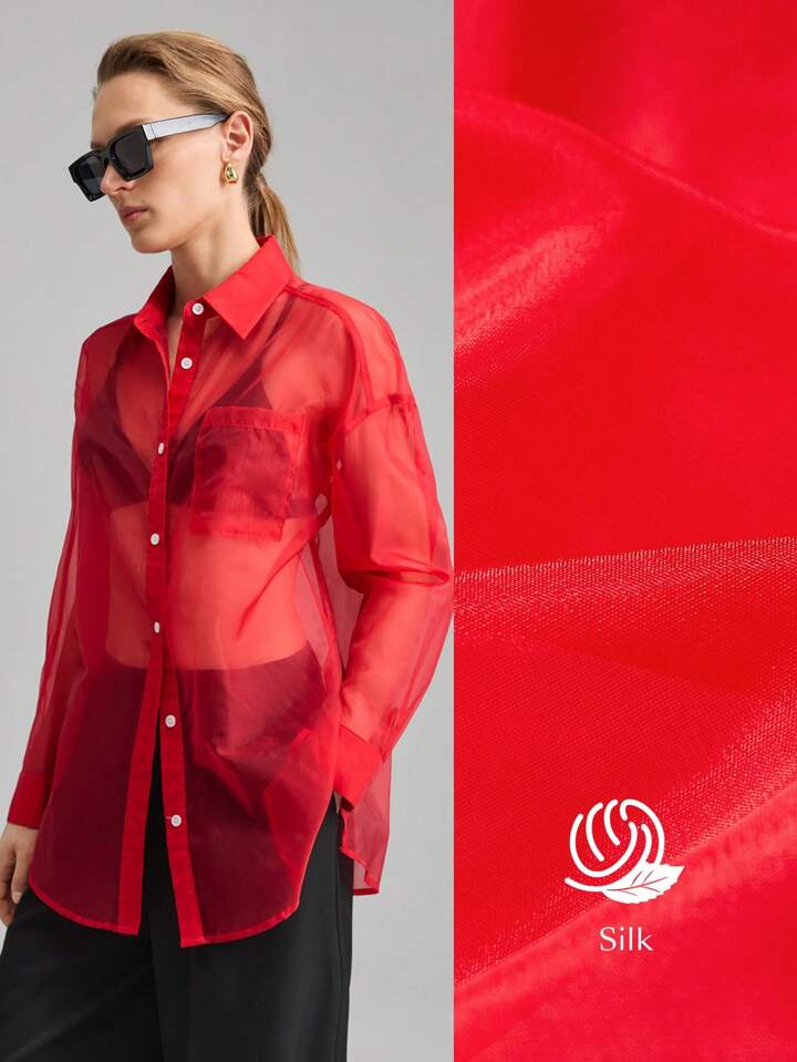 CM-TS755066 Women Elegant Seoul Style Shirt Collar Sheer Long Sleeve Oversized Blouse - Red