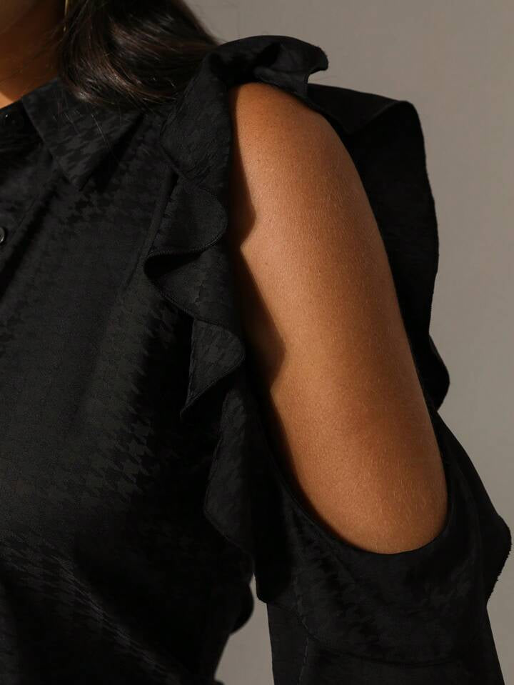 CM-TS583945 Women Casual Seoul Style Spliced Hollow Out Ruffle Off Shoulder Long Sleeve Shirt