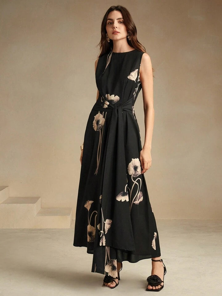 CM-DS243293 Women Elegant Seoul Style Round Neck Sleeveless Floral Printed A-Line Maxi Dress - Black