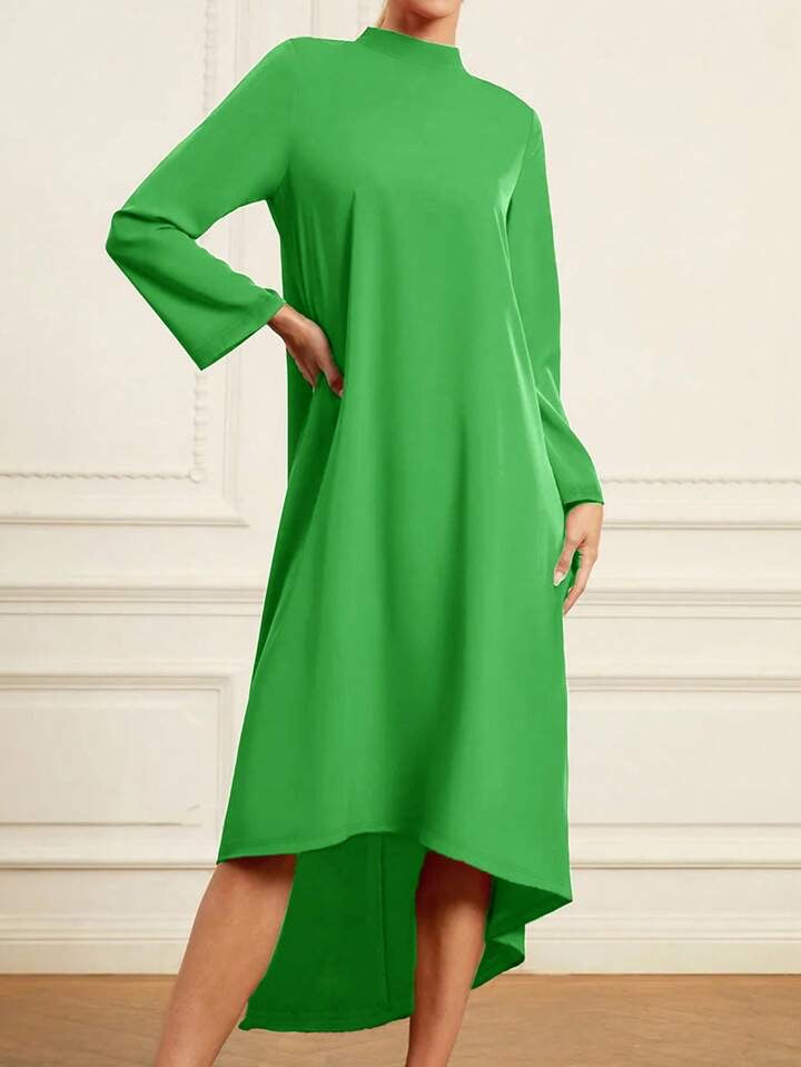 CM-DS422312 Women Elegant Seoul Style High Collar Long Sleeve Mid-Length Dress - Green