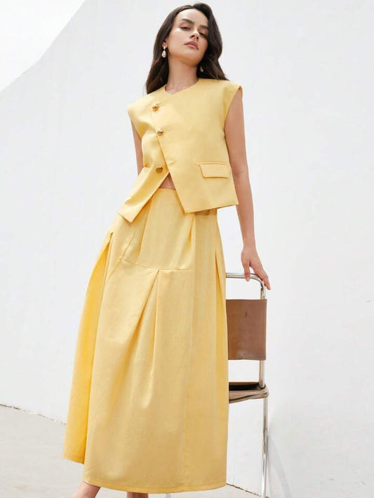 CM-SS679261 Women Elegant Seoul Style V-Neck Sleeveless Button Front Cami With Maxi Skirt - Set