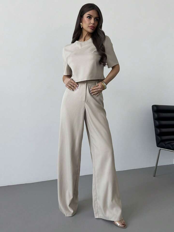 CM-SS569920 Women Casual Seoul Style Solid Color Round Neck Cropped Shirt With Wide Leg Pants - Set
