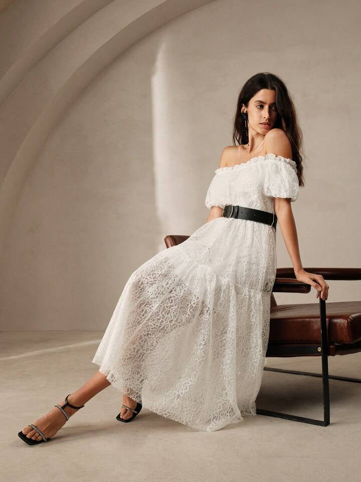 CM-DS047391 Women Elegant Seoul Style Lace Off the Shoulder Puff Sleeve Long Dress - White