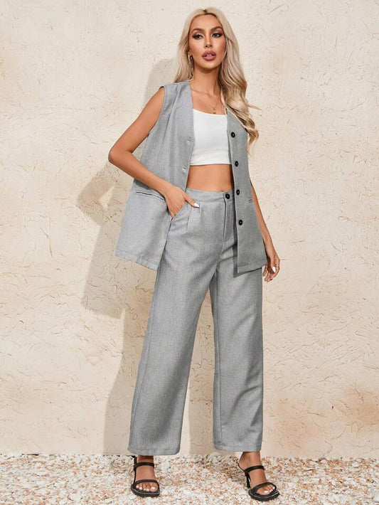 CM-SS979970 Women Casual Seoul Style Single-Breasted Sleeveless Jacket With Pants Suit - Gray