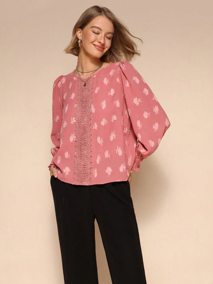 CM-TS656545 Women Casual Seoul Style Lace Patchwork Round Neck Long Sleeve Blouse - Pink