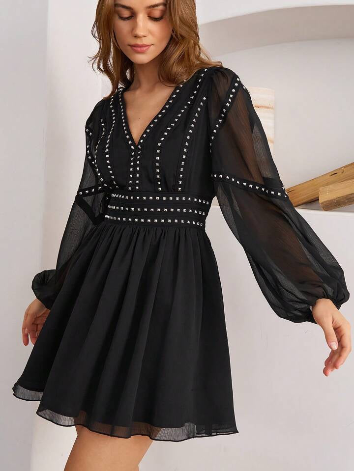 CM-DS127197 Women Elegant Seoul Style V-Neck Mesh Splicing Beaded Long Sleeve Dress - Black