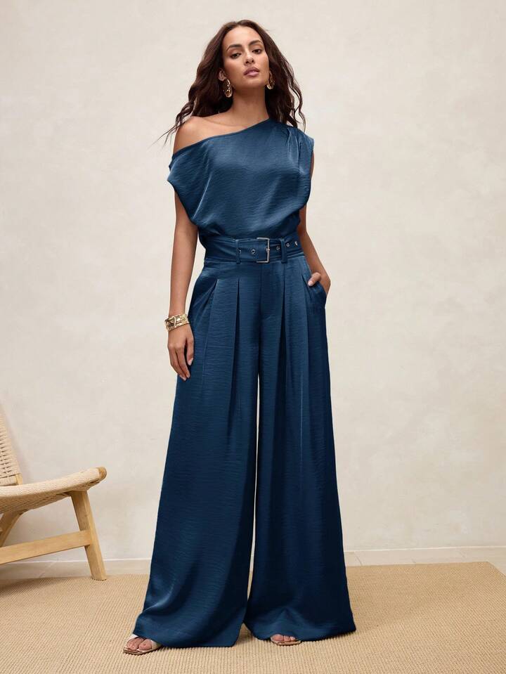 CM-BS064448 Women Casual Seoul Style High Waist Pleated Wide Leg Pants - Blue