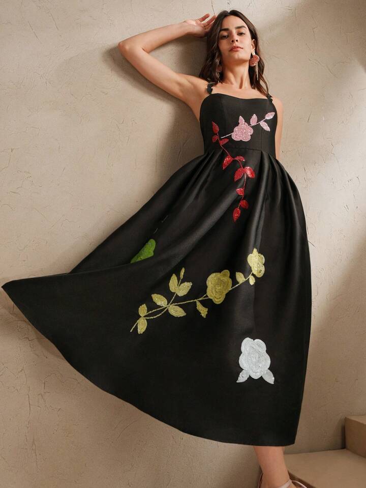 CM-DS086002 Women Elegant Seoul Style Sequin Floral Decor Sleeveless High Waist Long Dress - Black