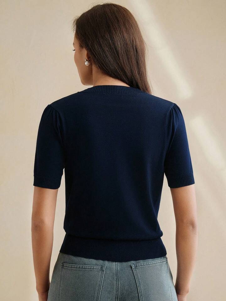 CM-TS520731 Women Casual Seoul Style Stand Collar Short Sleeve Floral Star Embroidered Knitted Shirt Tee - Royal Blue