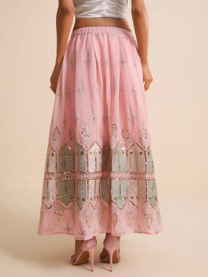 CM-BS058921 Women Elegant Seoul Style High Waist Bead Gold Thread Embroidery Chiffon Maxi Skirt - Pink