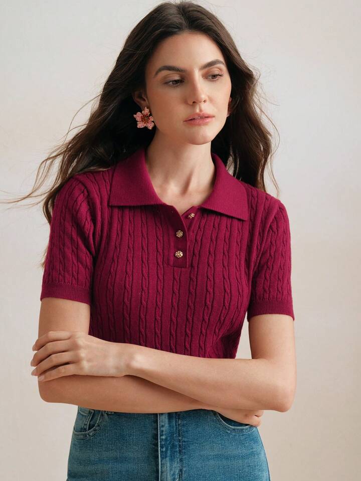 CM-TS647963 Women Casual Seoul Style Polo Collar Short Sleeve Cable Knit Solid Color Top - Burgundy