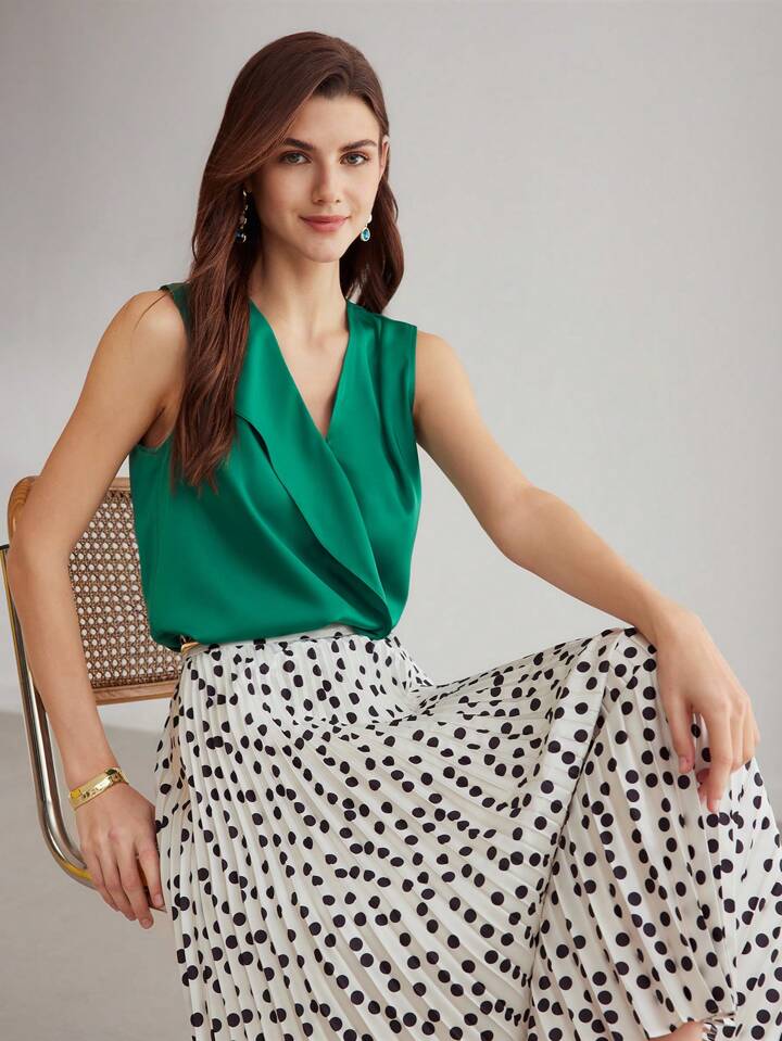CM-TS398050 Women Elegant Seoul Style Solid Color V-Neck Sleeveless Blouse - Green