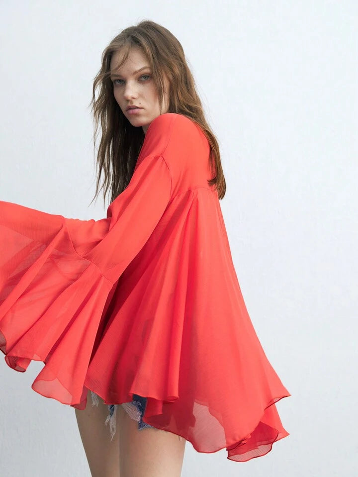 CM-TS115361 Women Trendy Bohemian Style Round Neck Long Sleeve Asymmetrical Mesh Shirt - Red