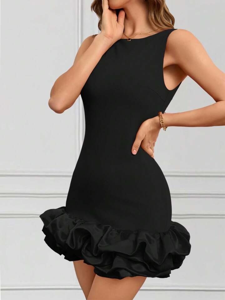 CM-DS349834 Women Elegant Seoul Style Round Neck Sleeveless Ruffle Hem Short A-Line Dress - Black
