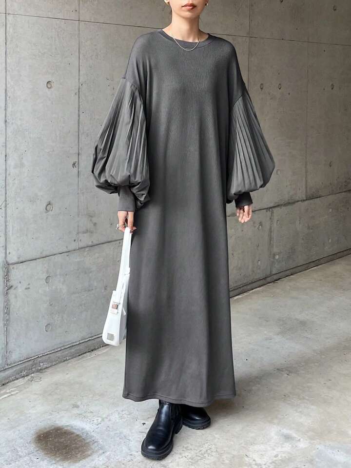 CM-DS455539 Women Casual Seoul Style Solid Color Round Neck Lantern Sleeve Straight Midi Dress - Gray