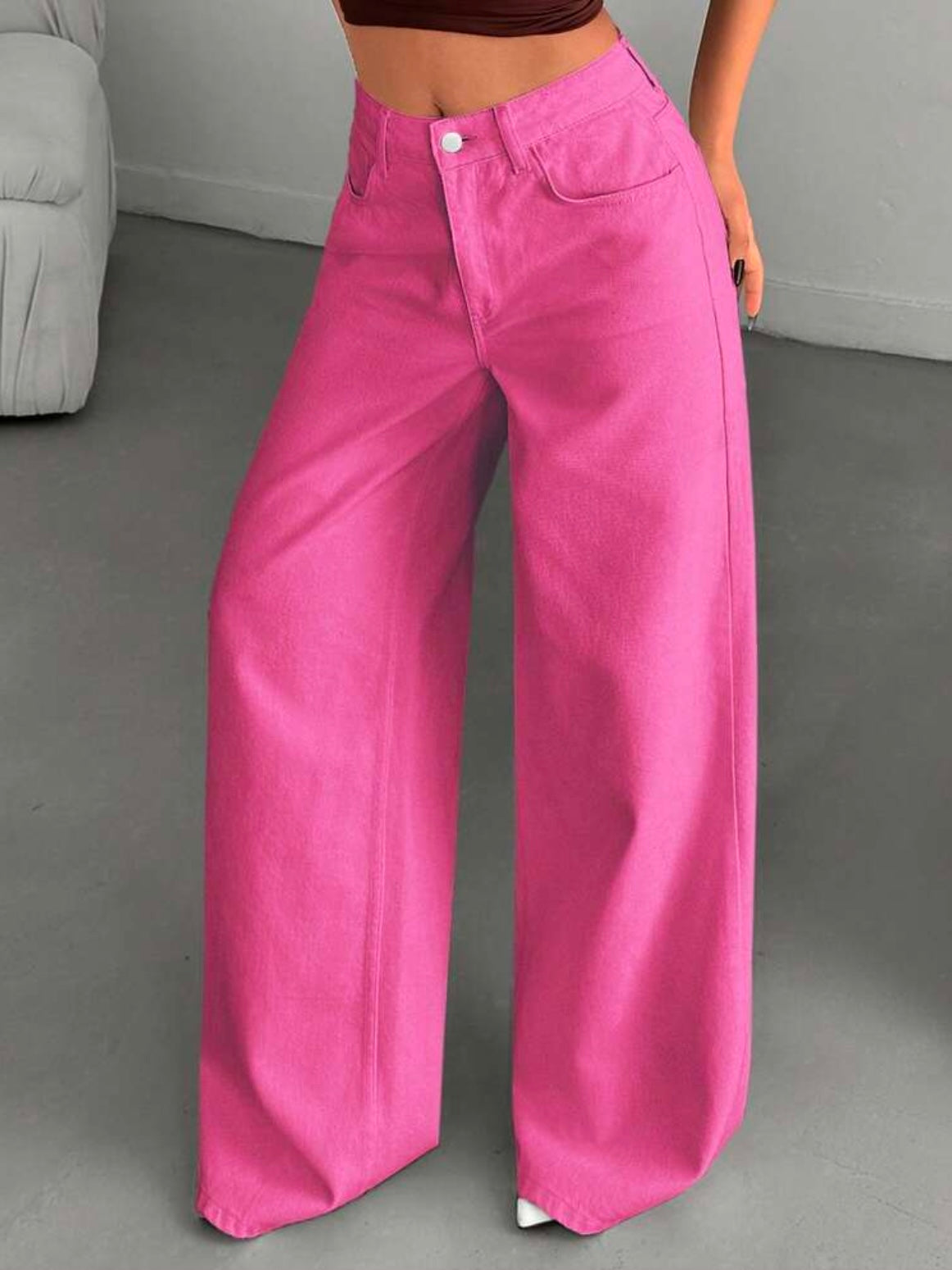 CM-BS201742 Women Casual Seoul Style High-Waisted Wide-Leg Denim Jeans - Dark Pink
