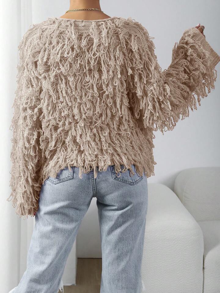 CM-CS117553 Women Casual Seoul Style Long Sleeve Shaggy Knit Duster Cardigan - Khaki