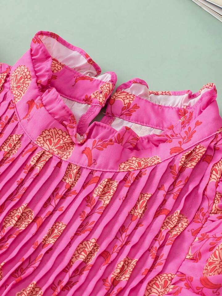 CM-TS835595 Women Trendy Bohemian Style Floral Print Fly Sleeves Ruffled High Neck Blouse - Pink