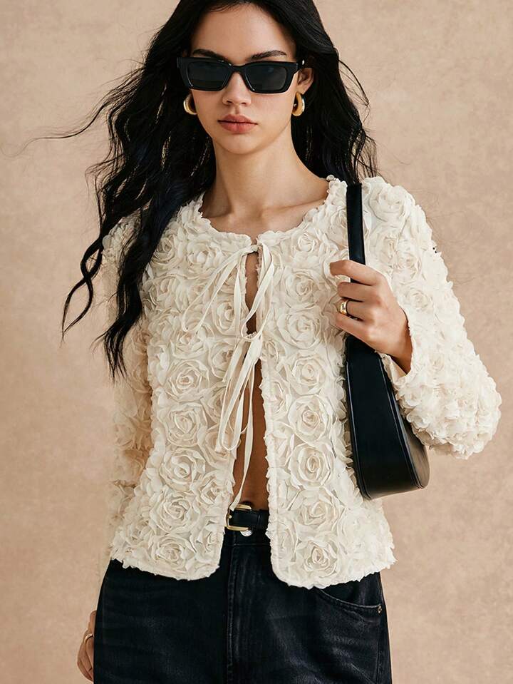 CM-CS312495 Women Elegant Seoul Style 3D Floral Lace-Up Placket Tie Front Long Sleeve Jacket