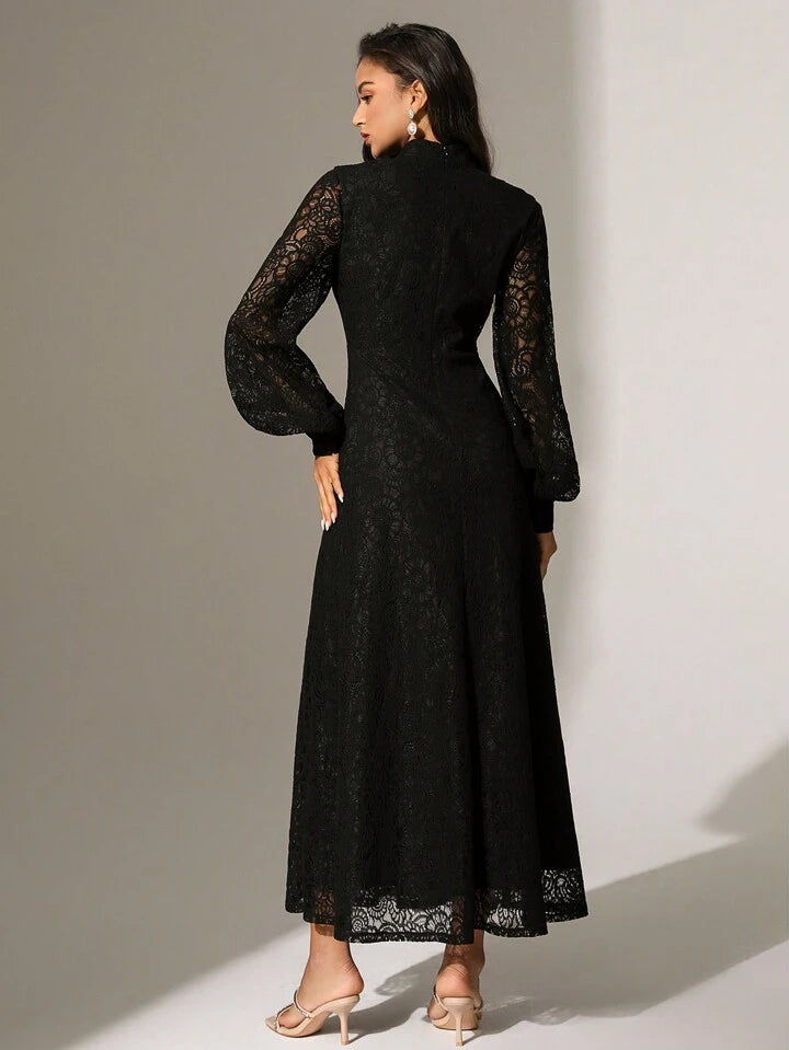 CM-DS748677 Women Elegant Seoul Style Lace Mandarin Collar Long Sleeve A-Line Dress - Black