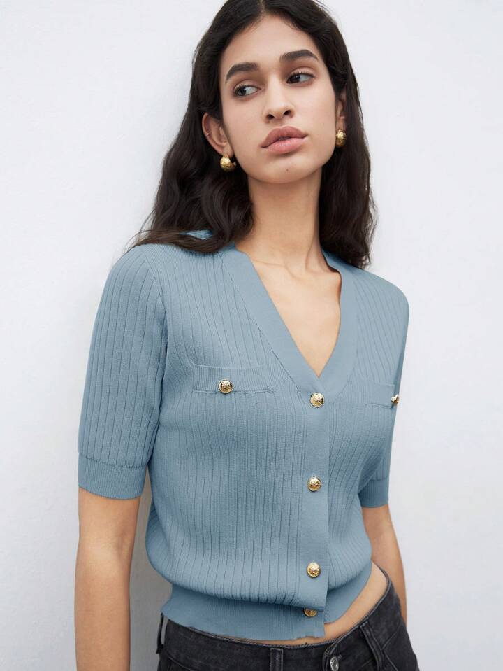 CM-TS565668 Women Casual Seoul Style V-Neck Short Sleeve Button Front Knit Blouse - Blue