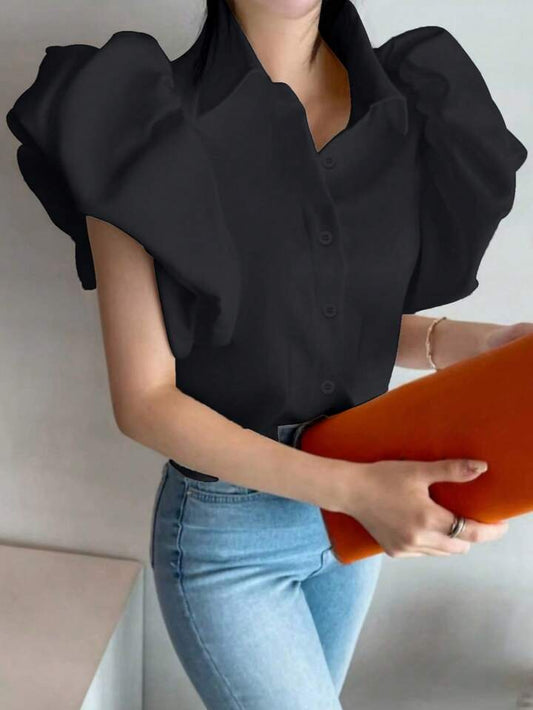 CM-TS711617 Women Casual Seoul Style Solid Color Shirt Collar Puff Sleeve Single-Breasted Blouse - Black