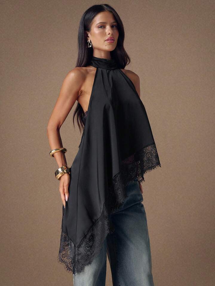 CM-TS478243 Women Elegant Seoul Style Lace Satin Patchwork Sleeveless Trim Backless Camisole Top - Black