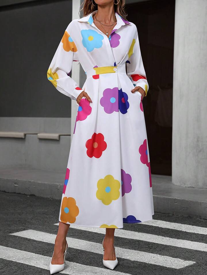 CM-DS799277 Women Casual Seoul Style Long Sleeve Shirt Collar Pleated Waist Floral Print Dress