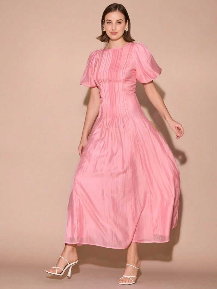 CM-DS173261 Women Elegant Seoul Style Round Neck Bubble Pleat Puff Long Sleeve Maxi Dress - Pink