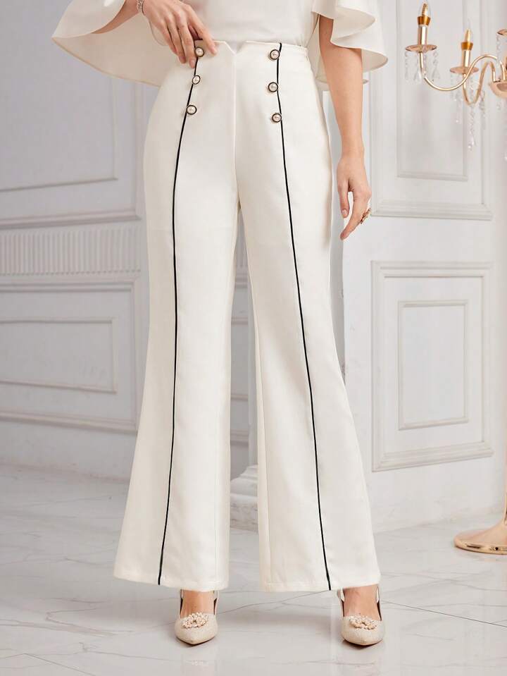 CM-BS666542 Women Elegant Seoul Style Double Breasted Contrast Color Rolled Hem Pants